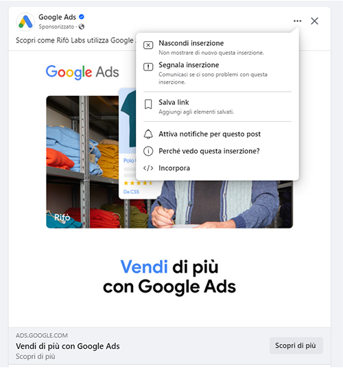 Esempio pubblicità su Facebook